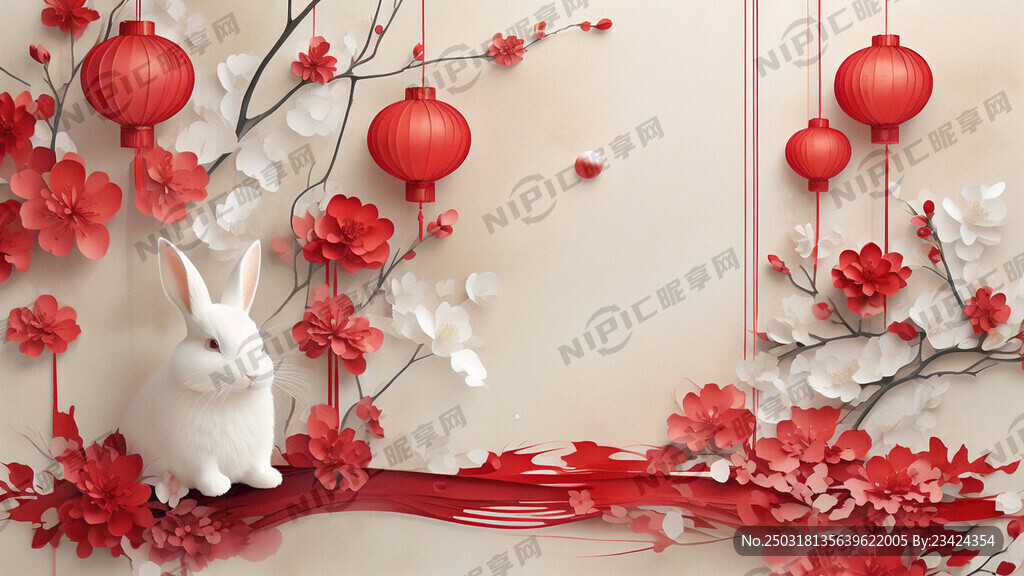 衍纸艺术 春节 可爱兔子 红梅