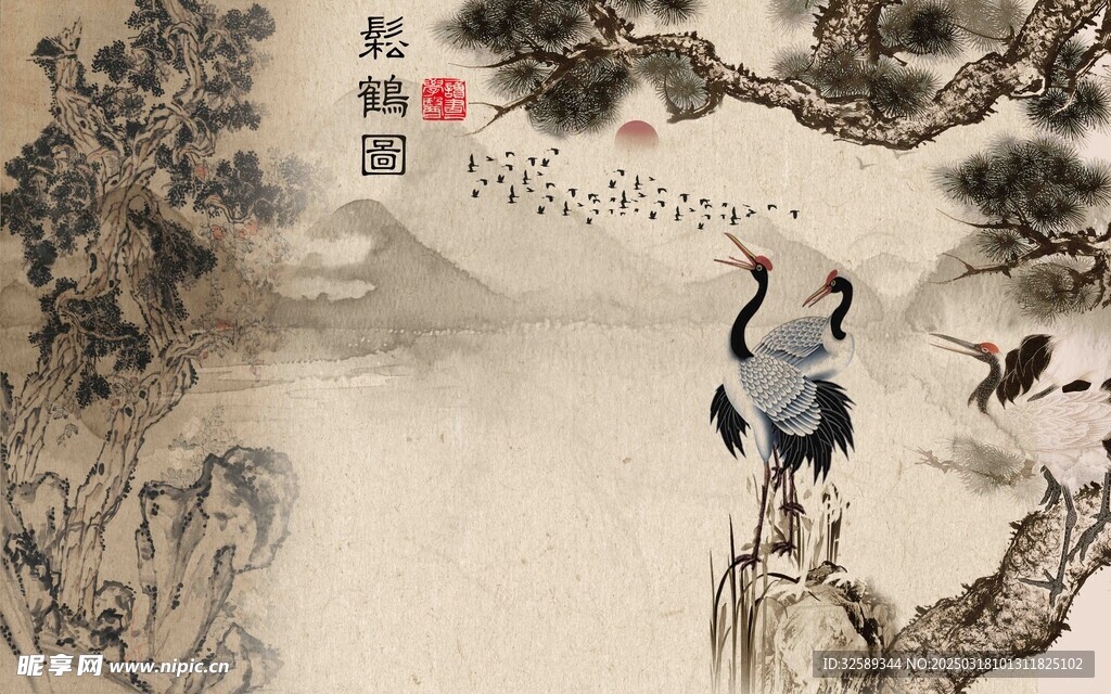松鹤新中式背景墙