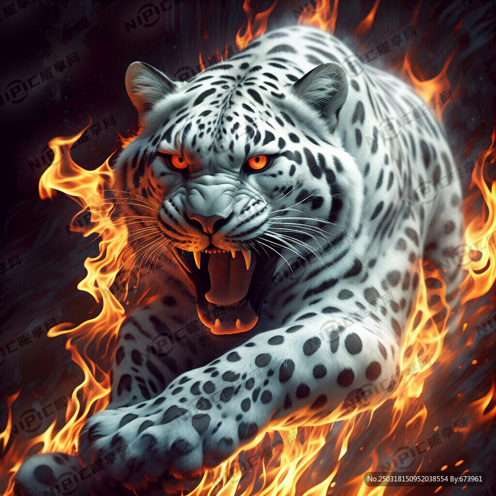 火焰背景白色凶猛的豹子