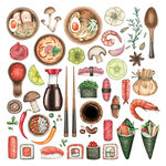 手绘水彩寿司拉面食材插画