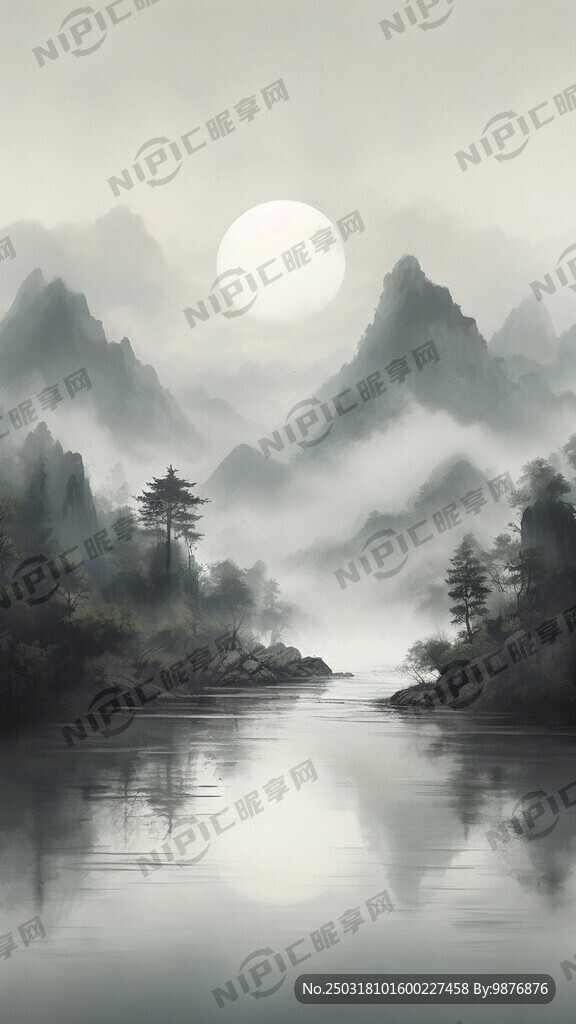 墨绿色的湖光山色 烟雨风光