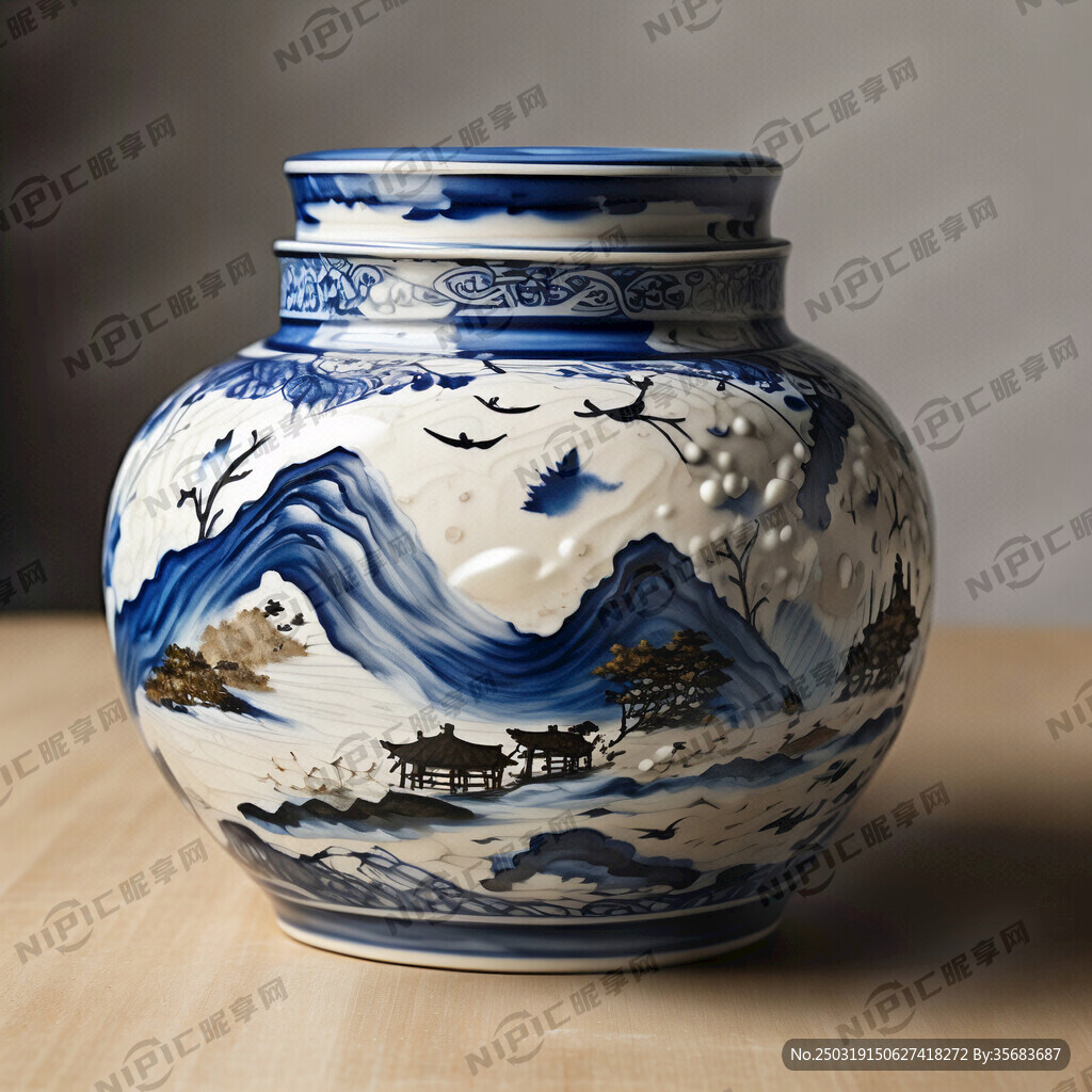茶叶罐青花山水图