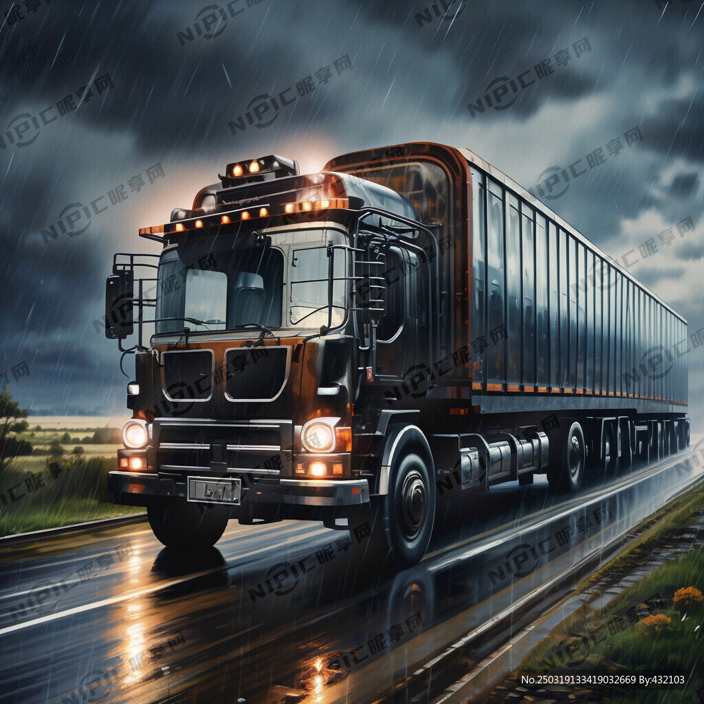雨中行驶的大卡车 车厢后面特写