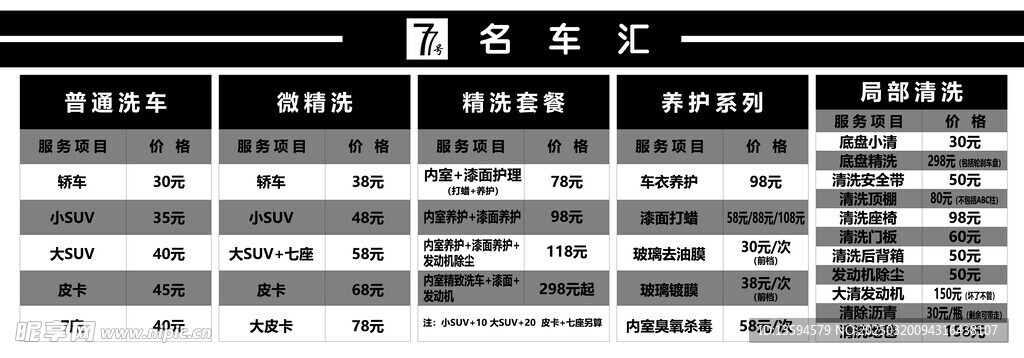 洗车价格表