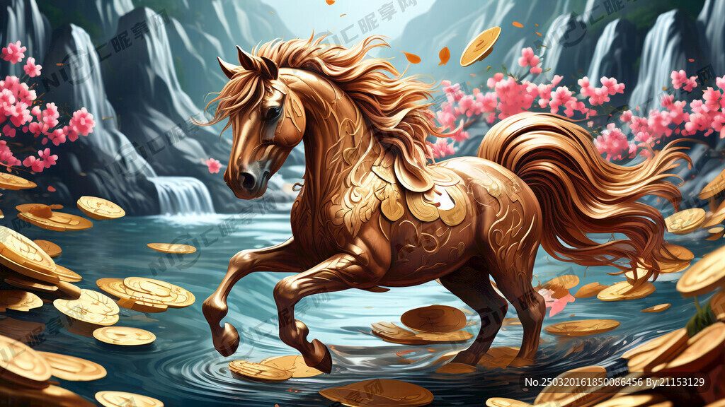 手绘马 卡通插画 元宝 铜钱