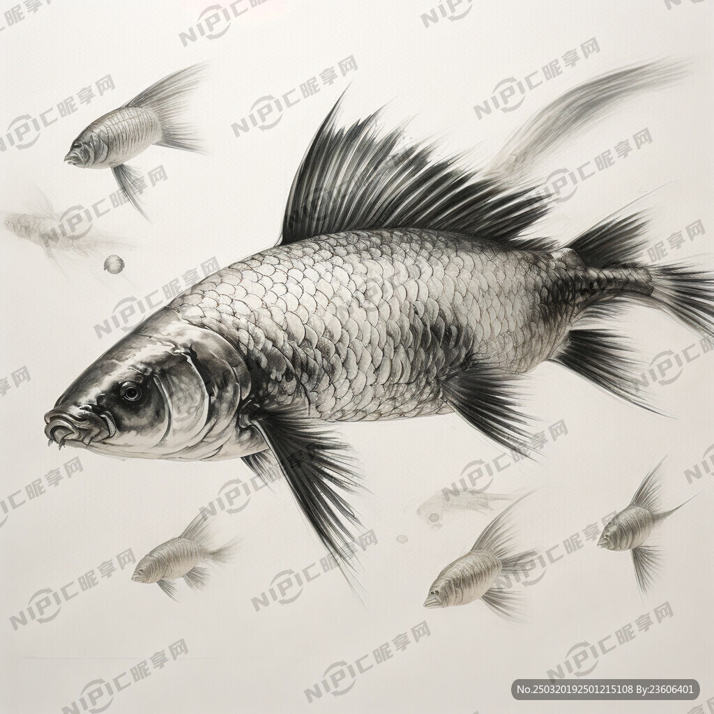 彭泽鲫鱼单个的素描图和成群的素