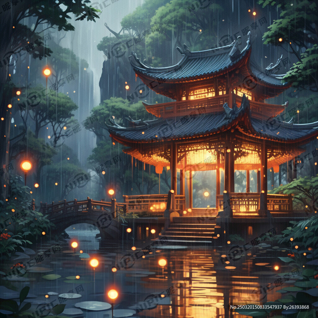 雨天森林亭子 萤火虫