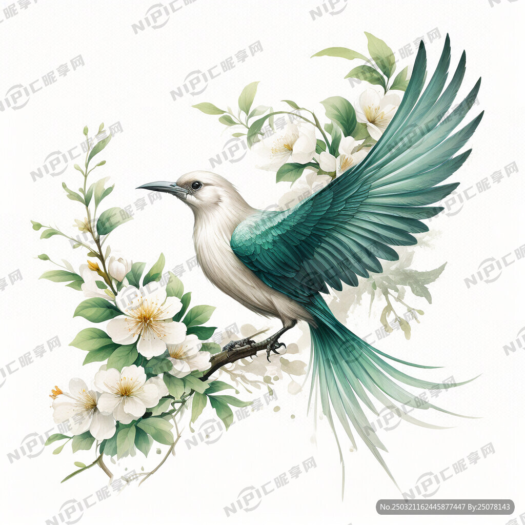 高清飞鸟 树枝伸展有花有绿叶