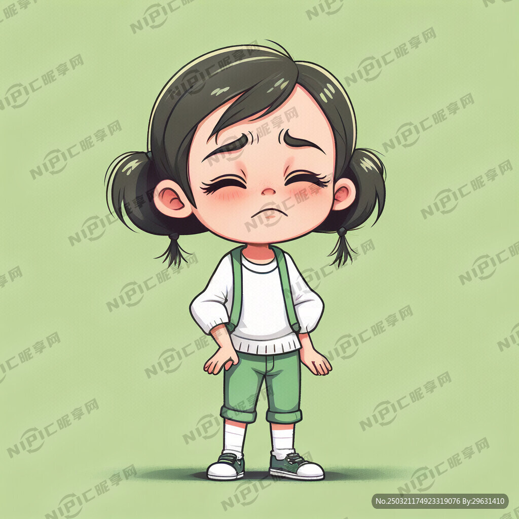 一个卡通小女孩在叹气 白色衣服