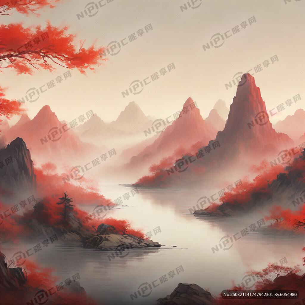 红金峰插画图片 红色山水画