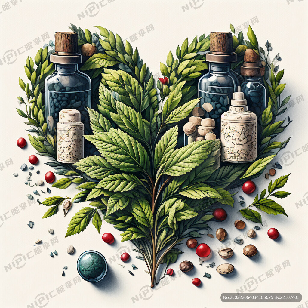 细辛叶子 叶子上有药瓶和药药丸