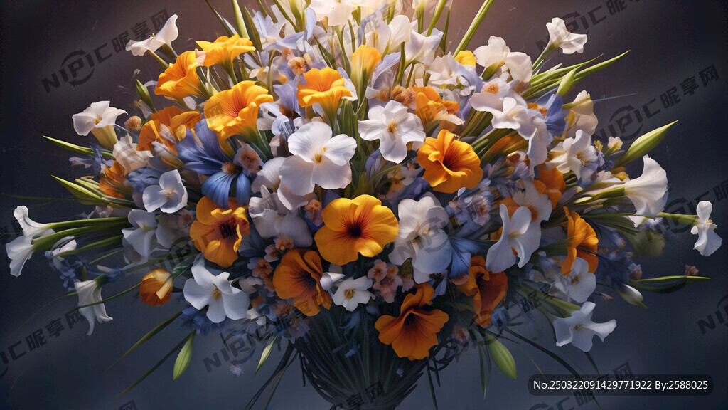 一束盛开的高雅鸢尾花和野花搭配