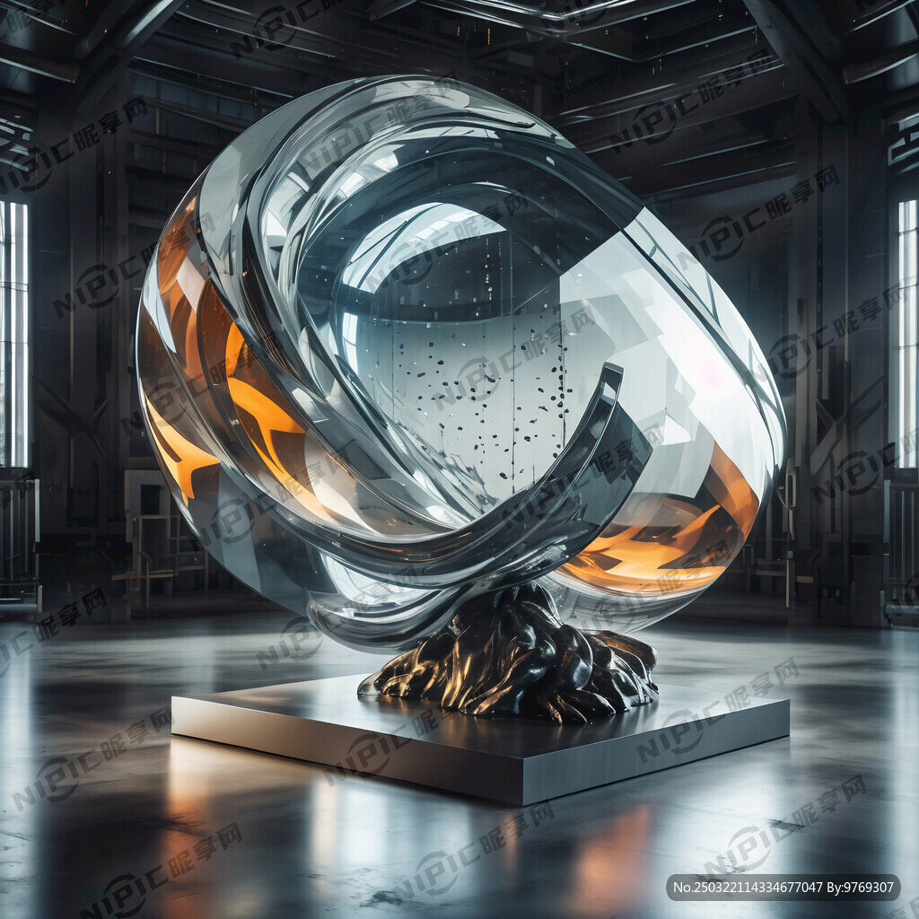 金属镜面雕塑和太空舱融合