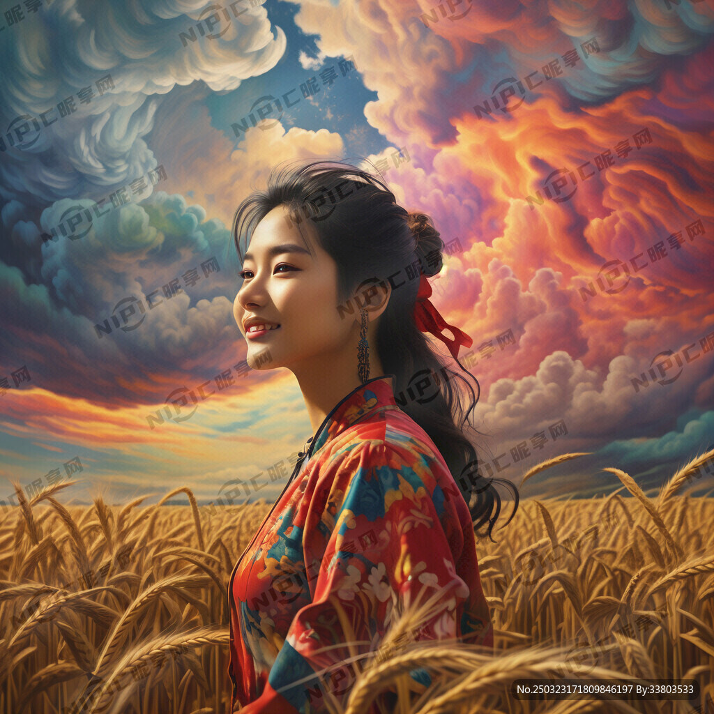 七彩祥云的天空下 侧脸