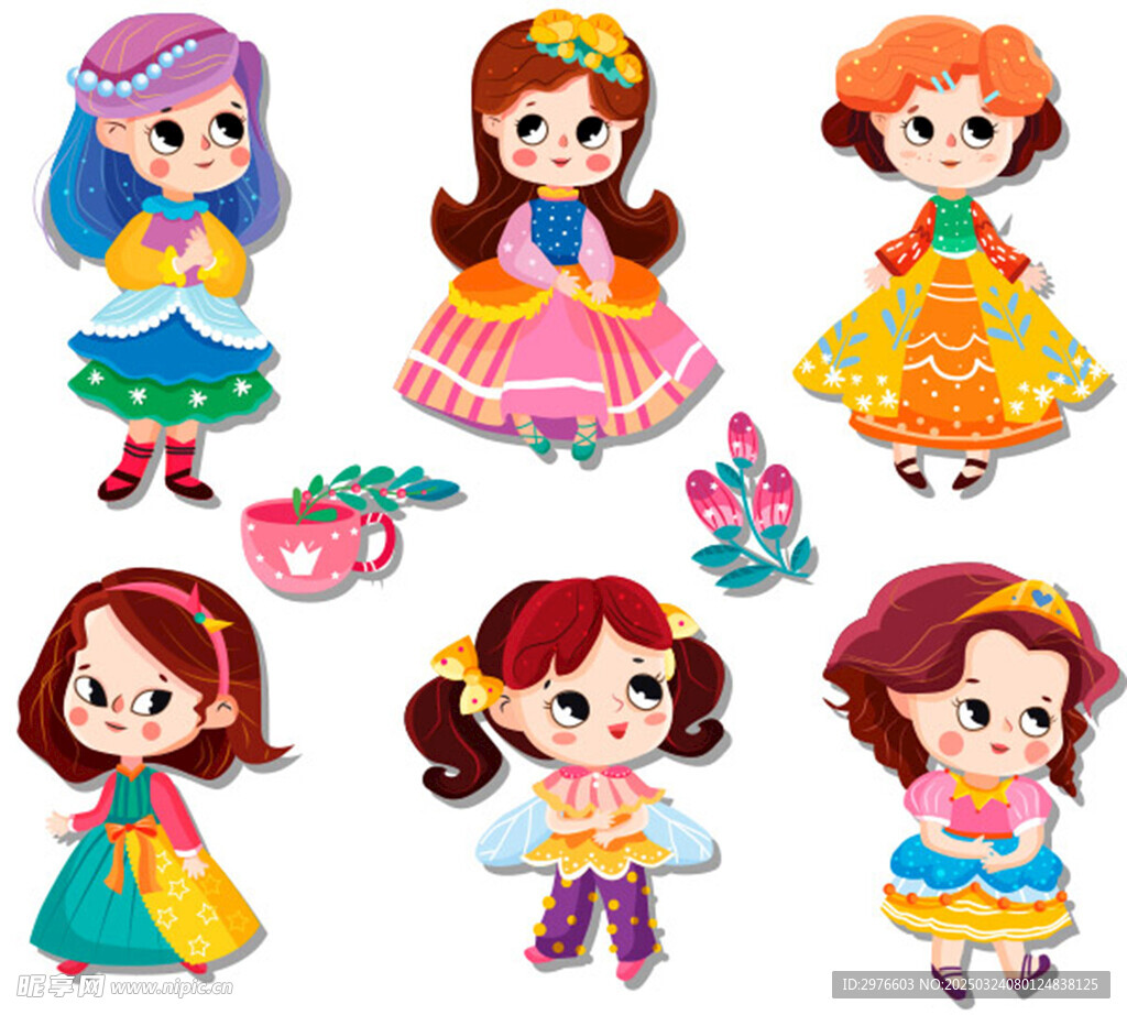 卡通风格多彩小女孩插画集矢量