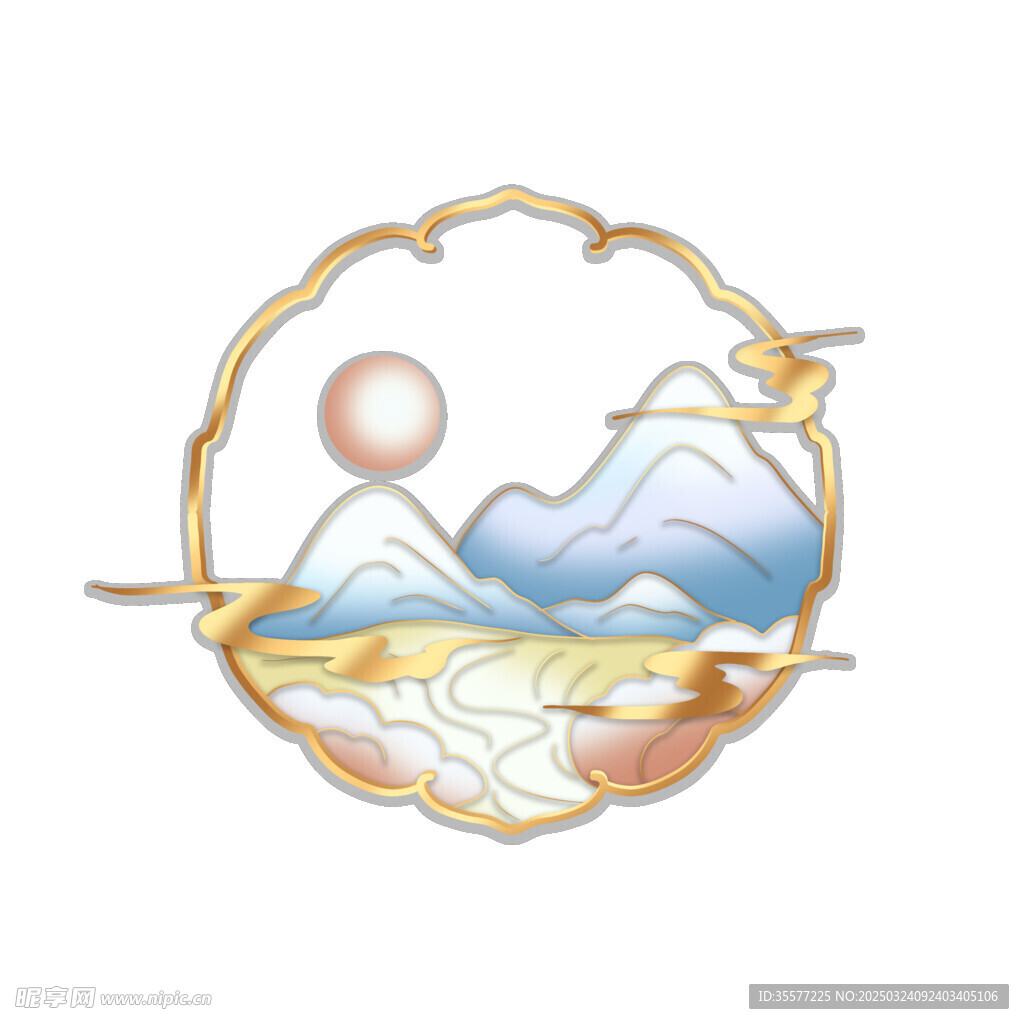 国潮鎏金山水边框素材