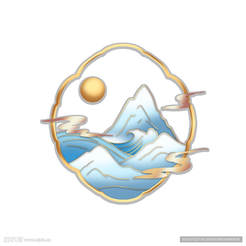 国潮鎏金山水边框素材