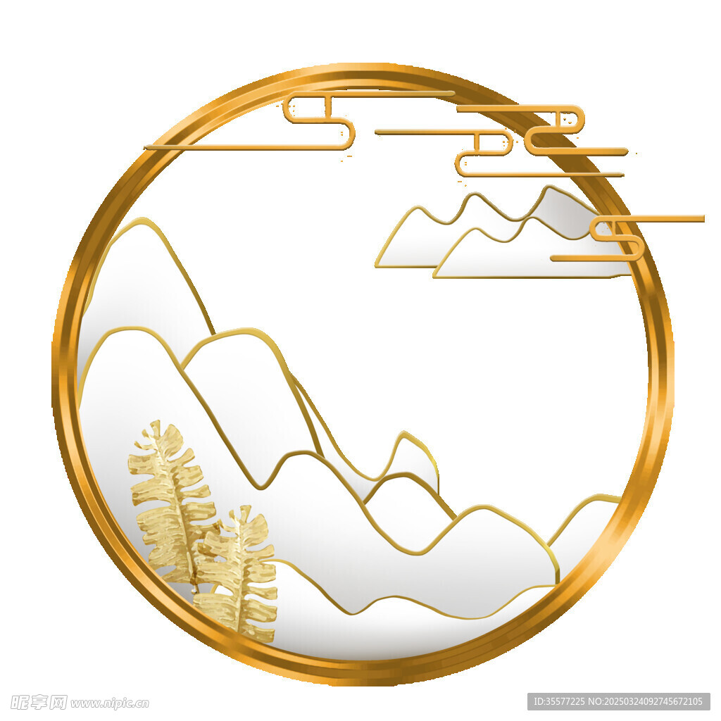 国潮鎏金山水边框素材