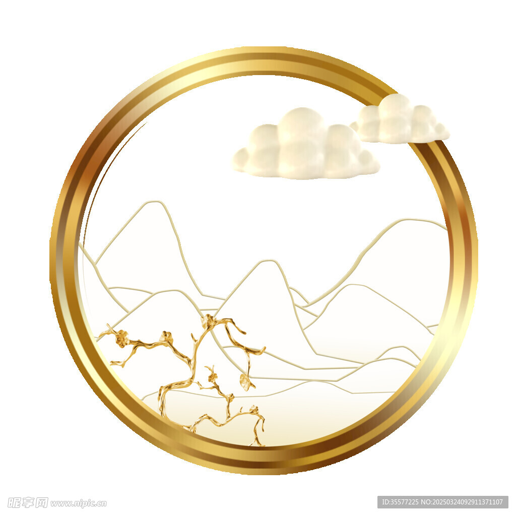 国潮鎏金山水边框素材
