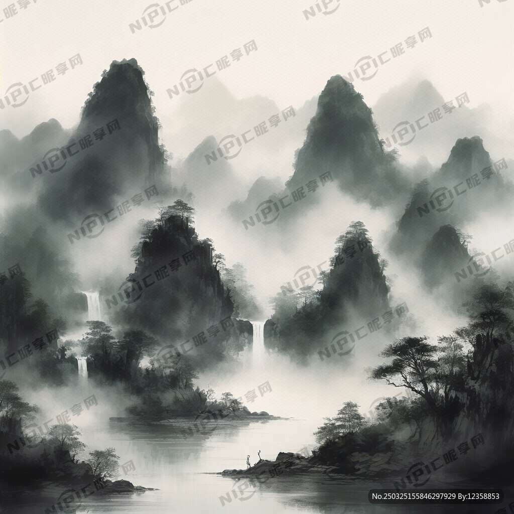 中国风 山水画 国画 绿色山水
