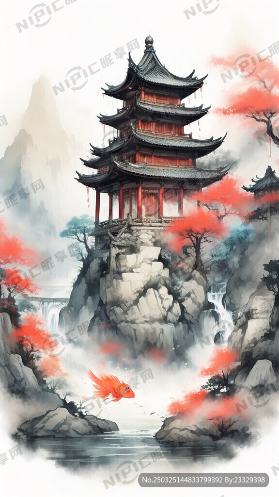 国潮风格 有古风建筑房 有亭子