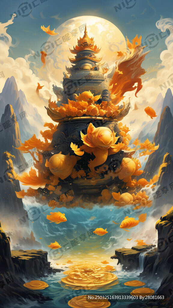 山水聚宝盆背景 仙鹤飞翔