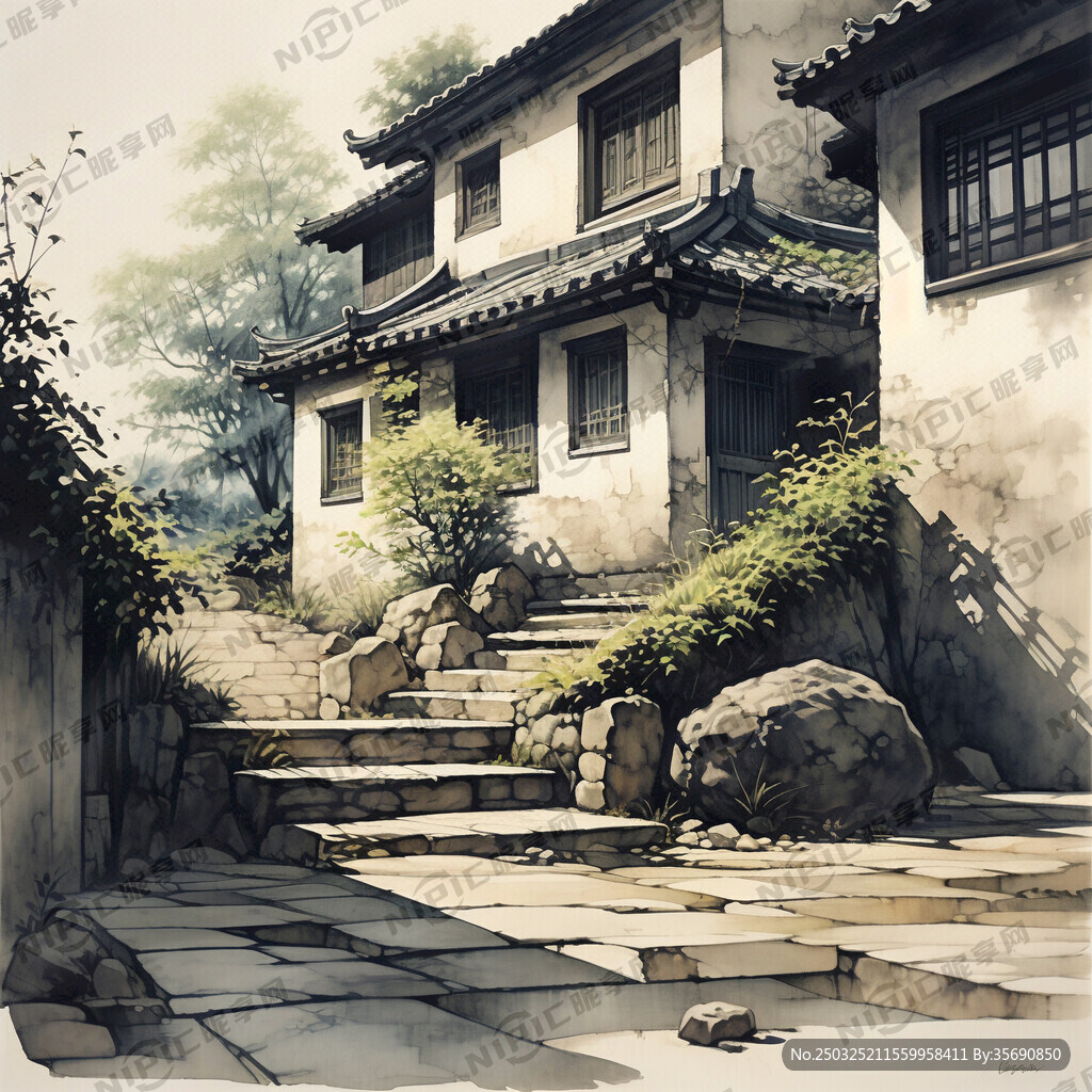 屋前台阶 三级 青石板 水墨画