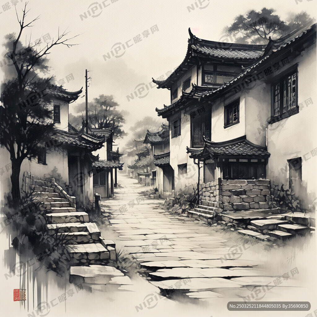 台阶 三级 青石板 水墨画