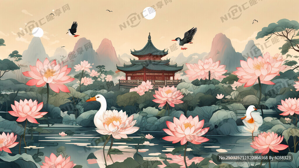 荷花 鸭子 亭子