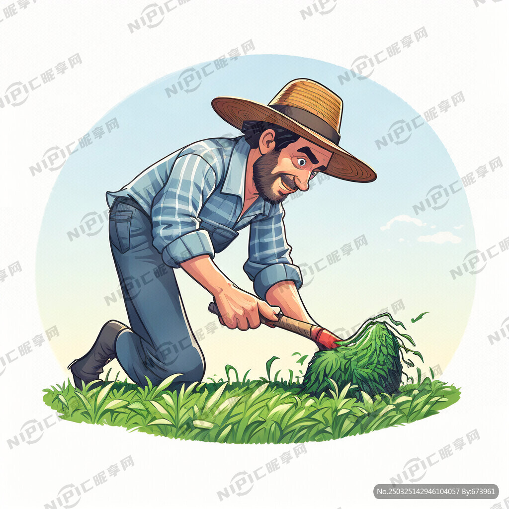 农民 拿锄头除草 卡通