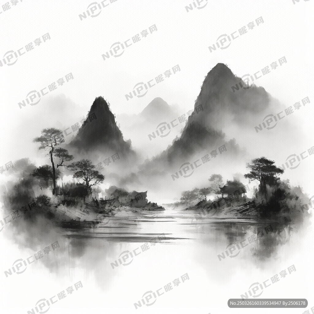 清静 村庄 山水 水墨