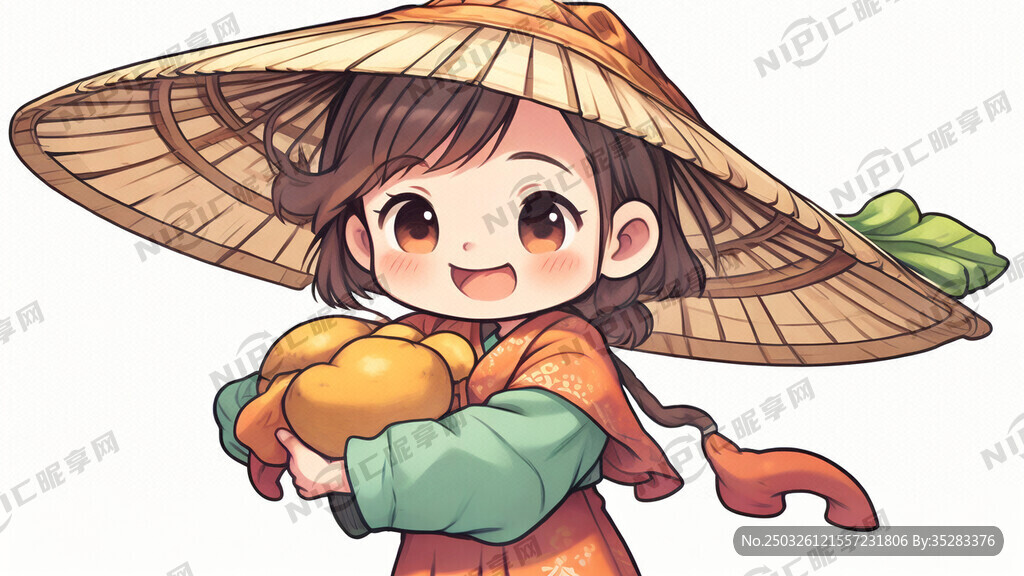 一个卡通越南女孩带斗笠抱红薯
