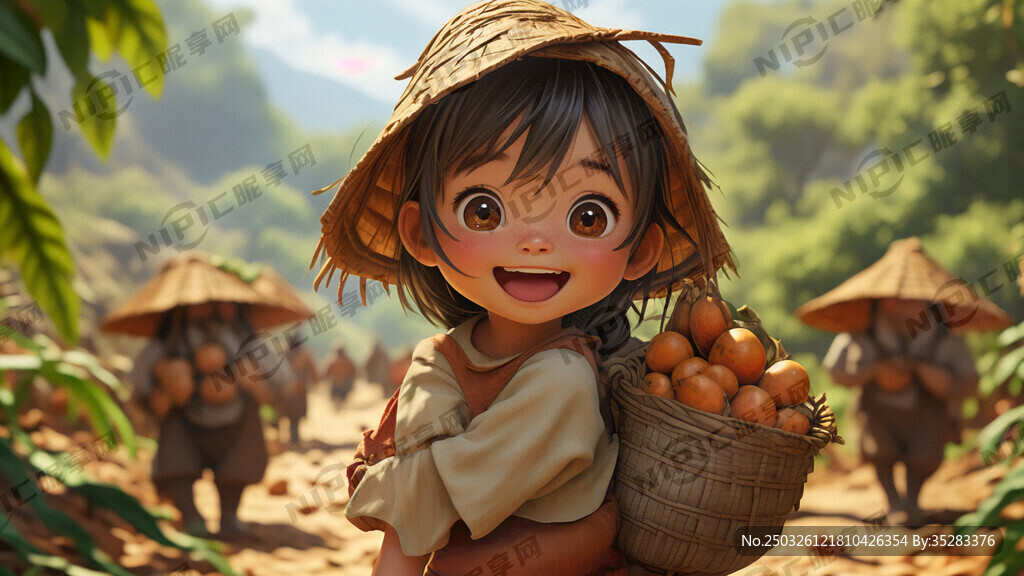 一个卡通越南少女孩带斗笠抱红薯