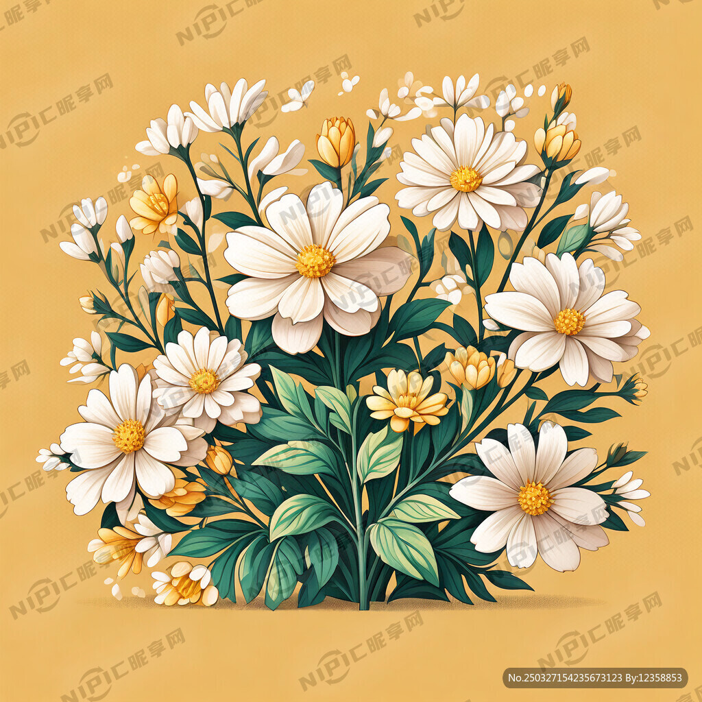 卡通手绘花 黄色白色花 满铺