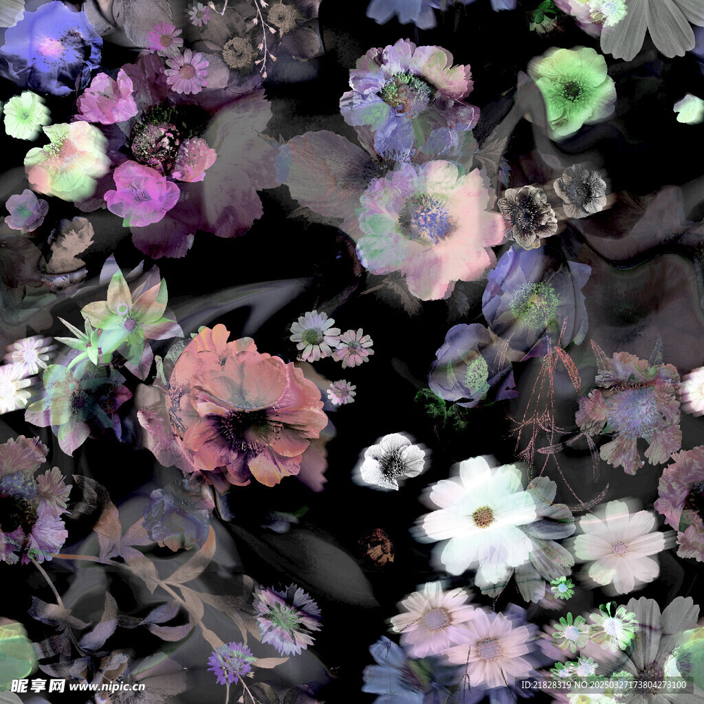 黑底彩色花  大花   乱花