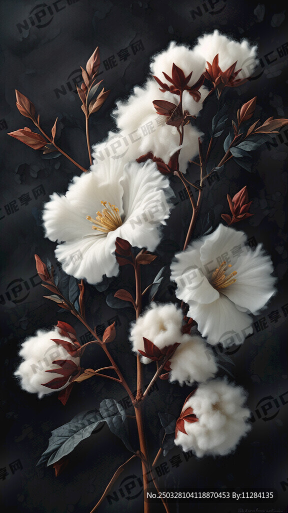带枝叶的棉花朵 深色背景