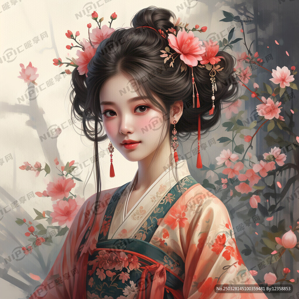 插画手绘古风美女图 韩国少女