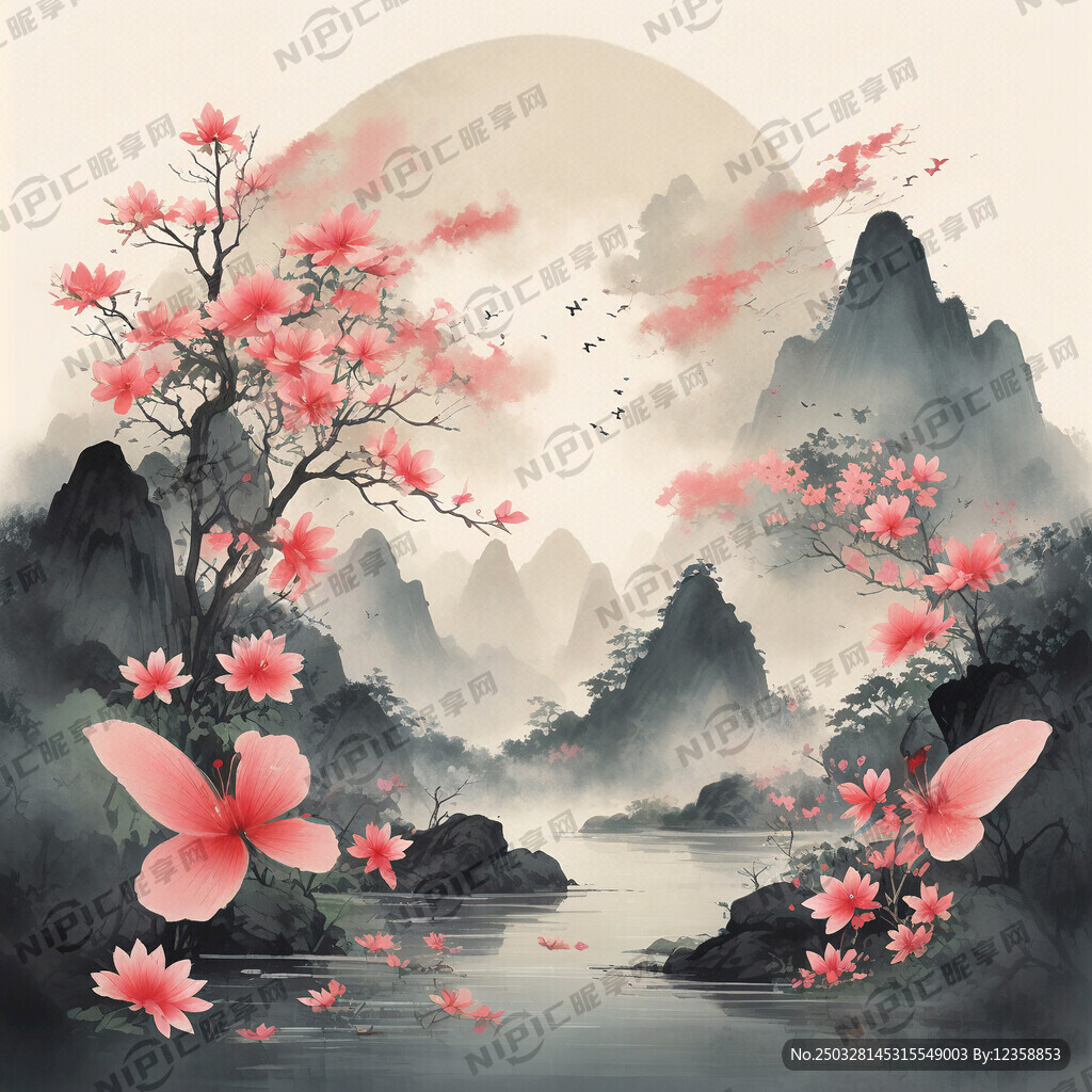 插画手绘古风山水 绿树粉花