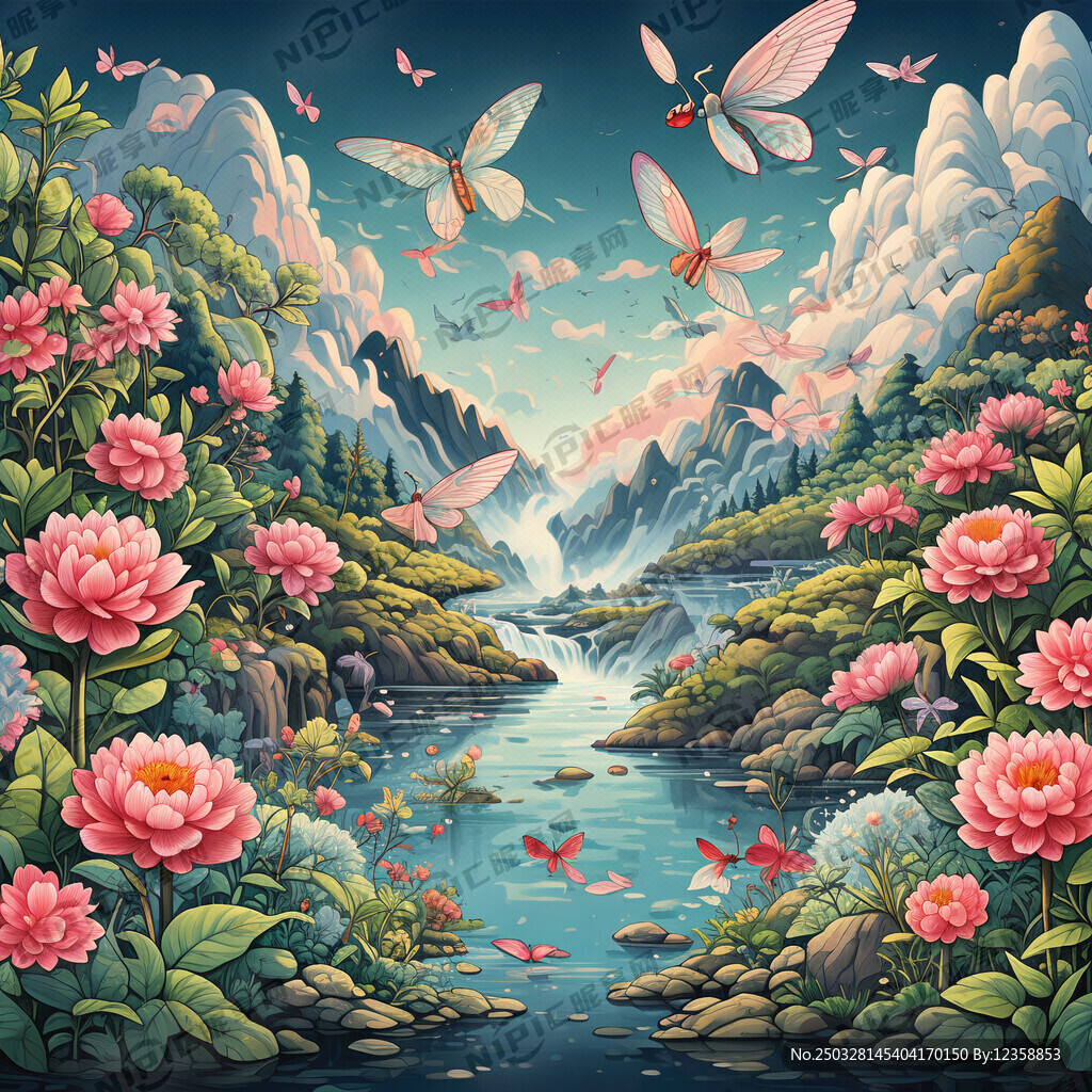 插画手绘 山水 绿树粉花 有山