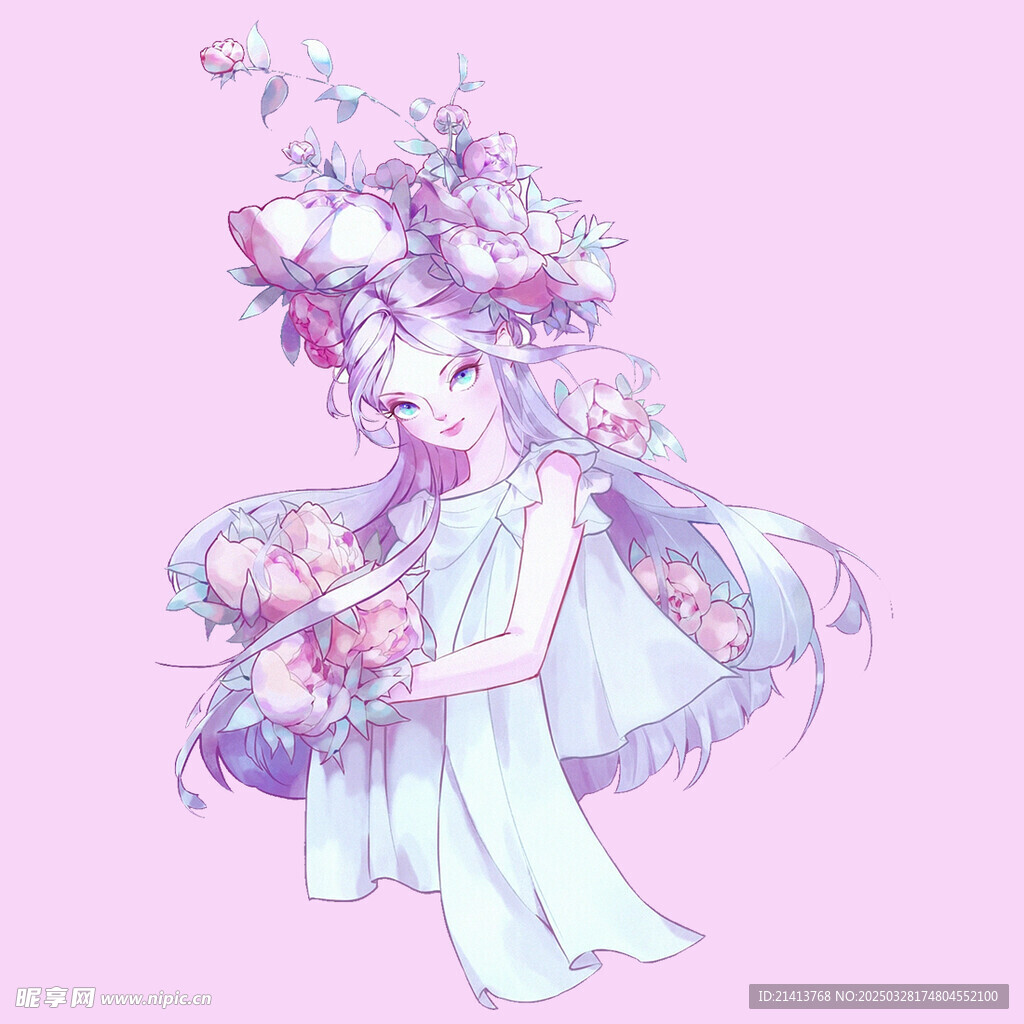 手绘鲜花女孩