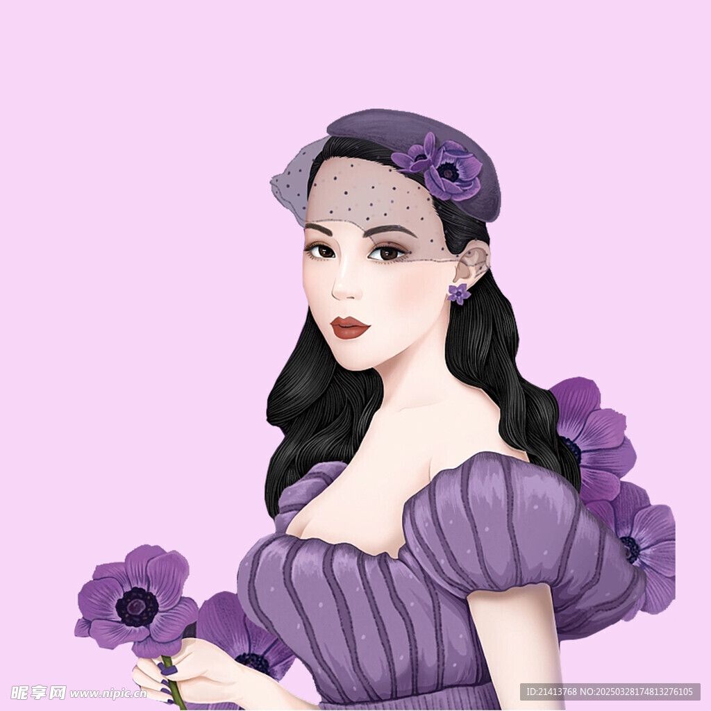 手绘鲜花女孩