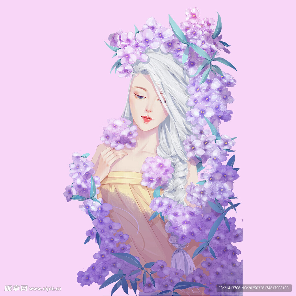 手绘鲜花女孩