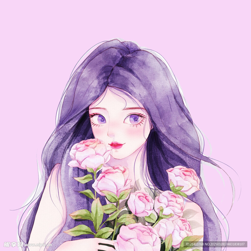 手绘鲜花女孩