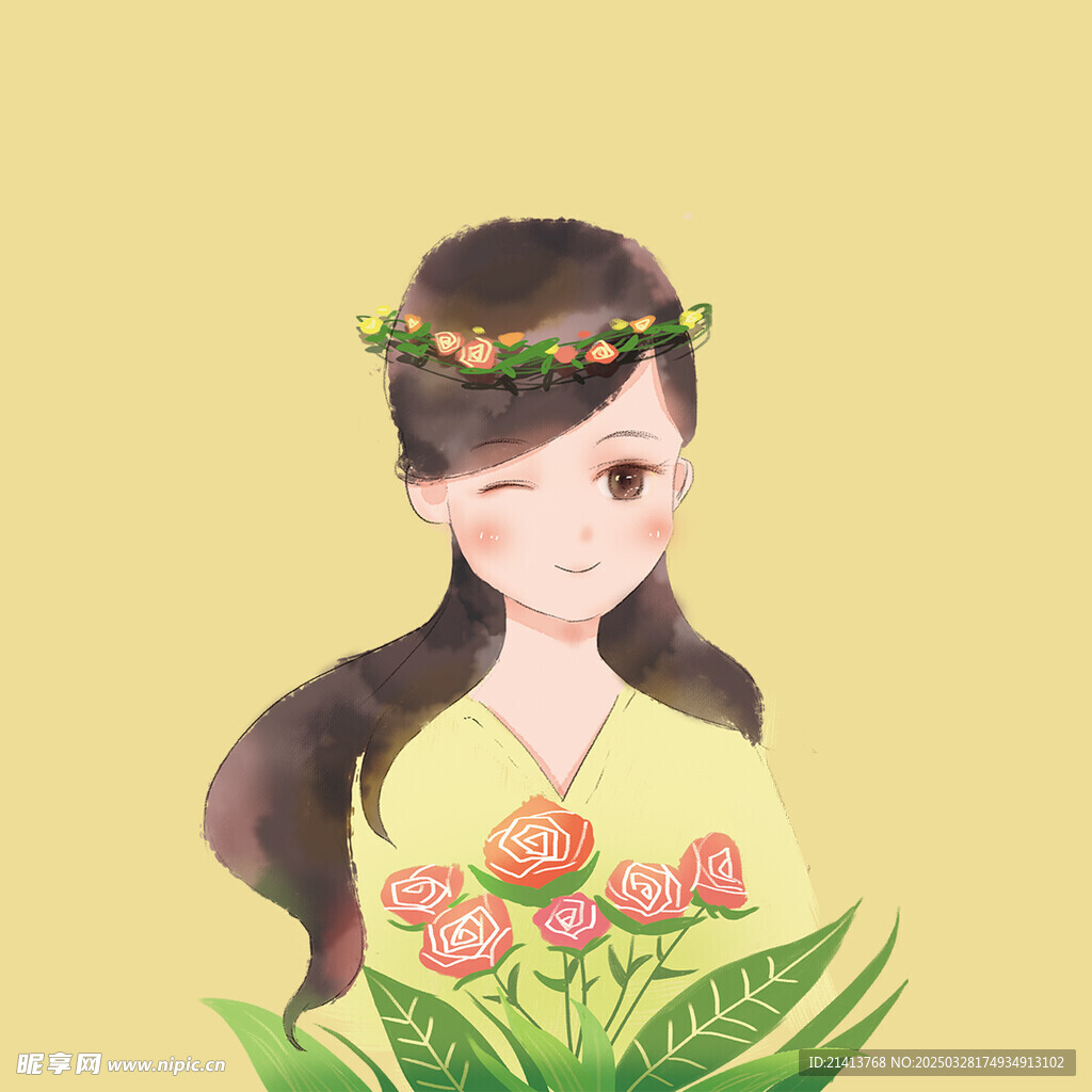 手绘鲜花女孩 