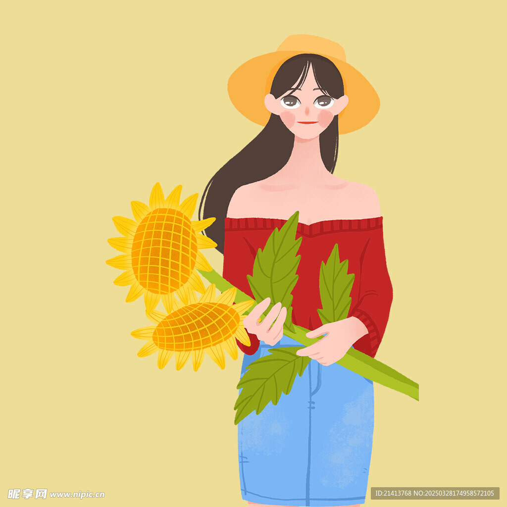 手绘鲜花女孩