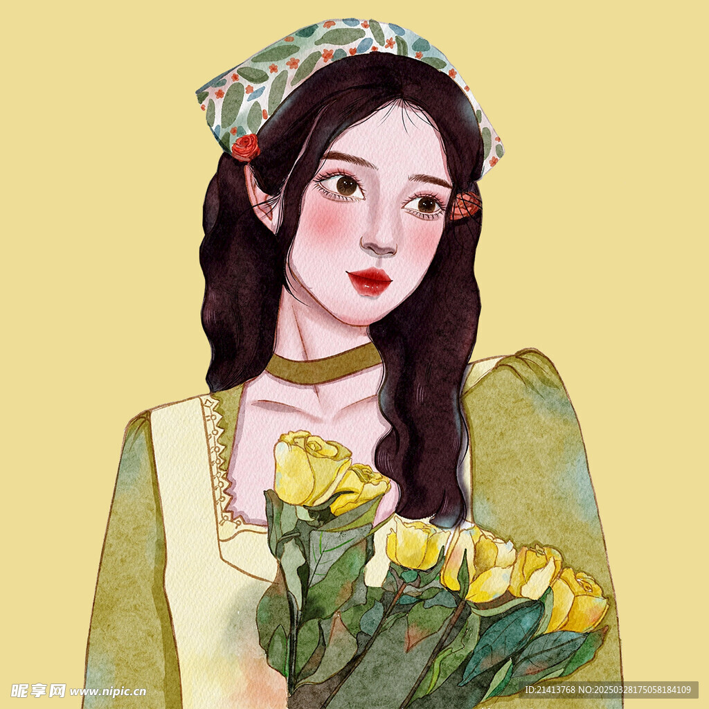 手绘鲜花女孩
