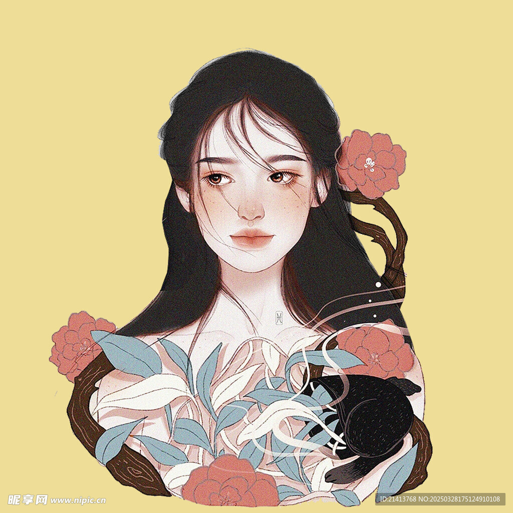 手绘鲜花女孩