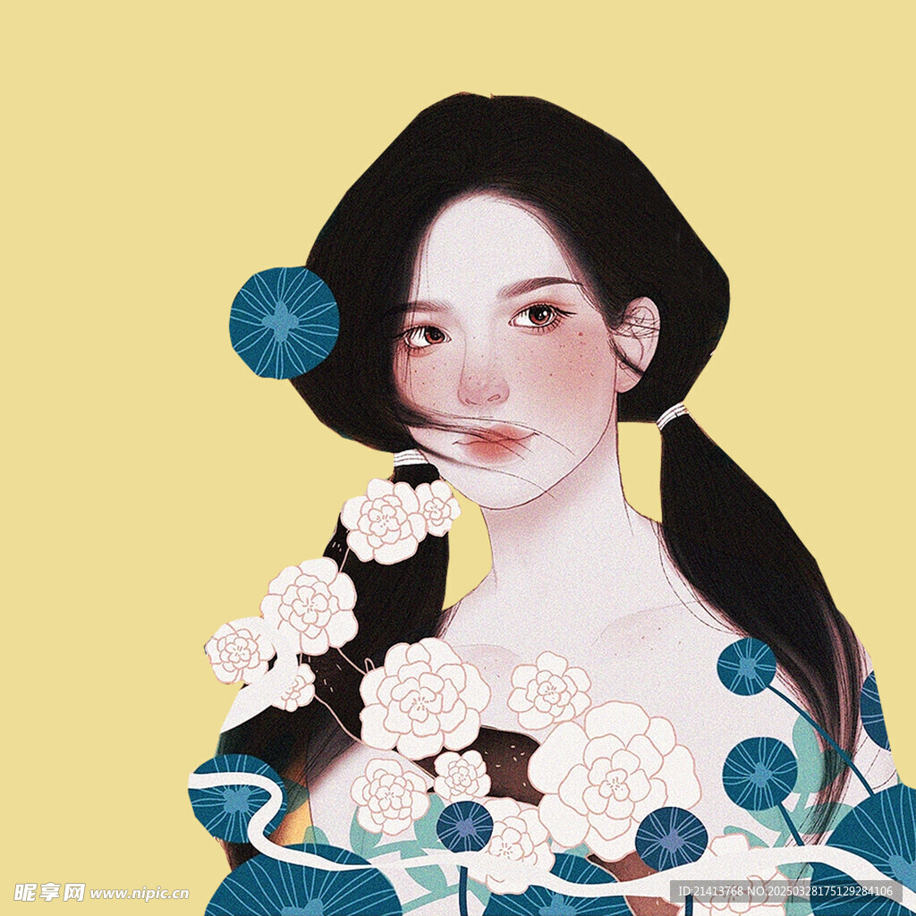 手绘鲜花女孩