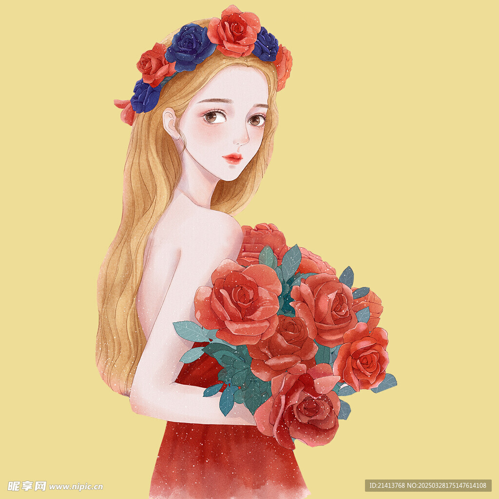 手绘鲜花女孩