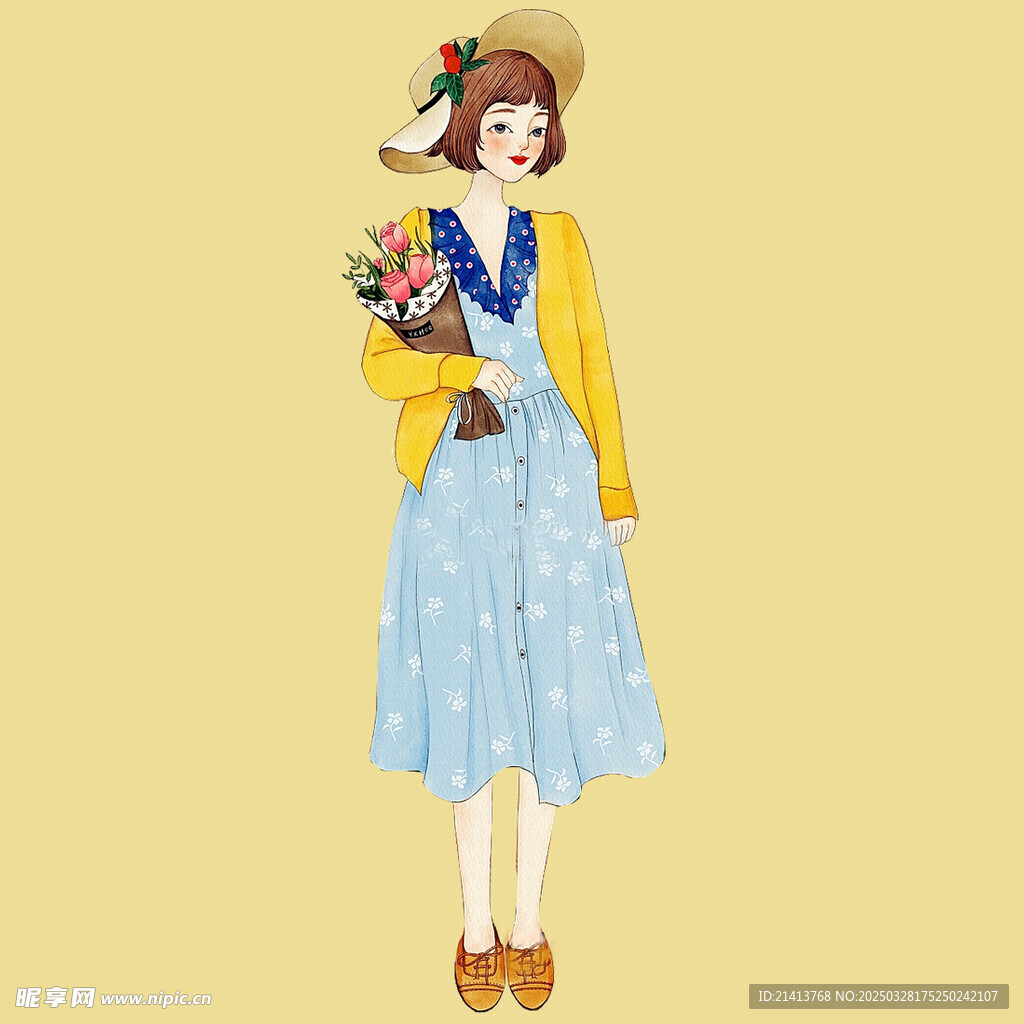 手绘鲜花女孩